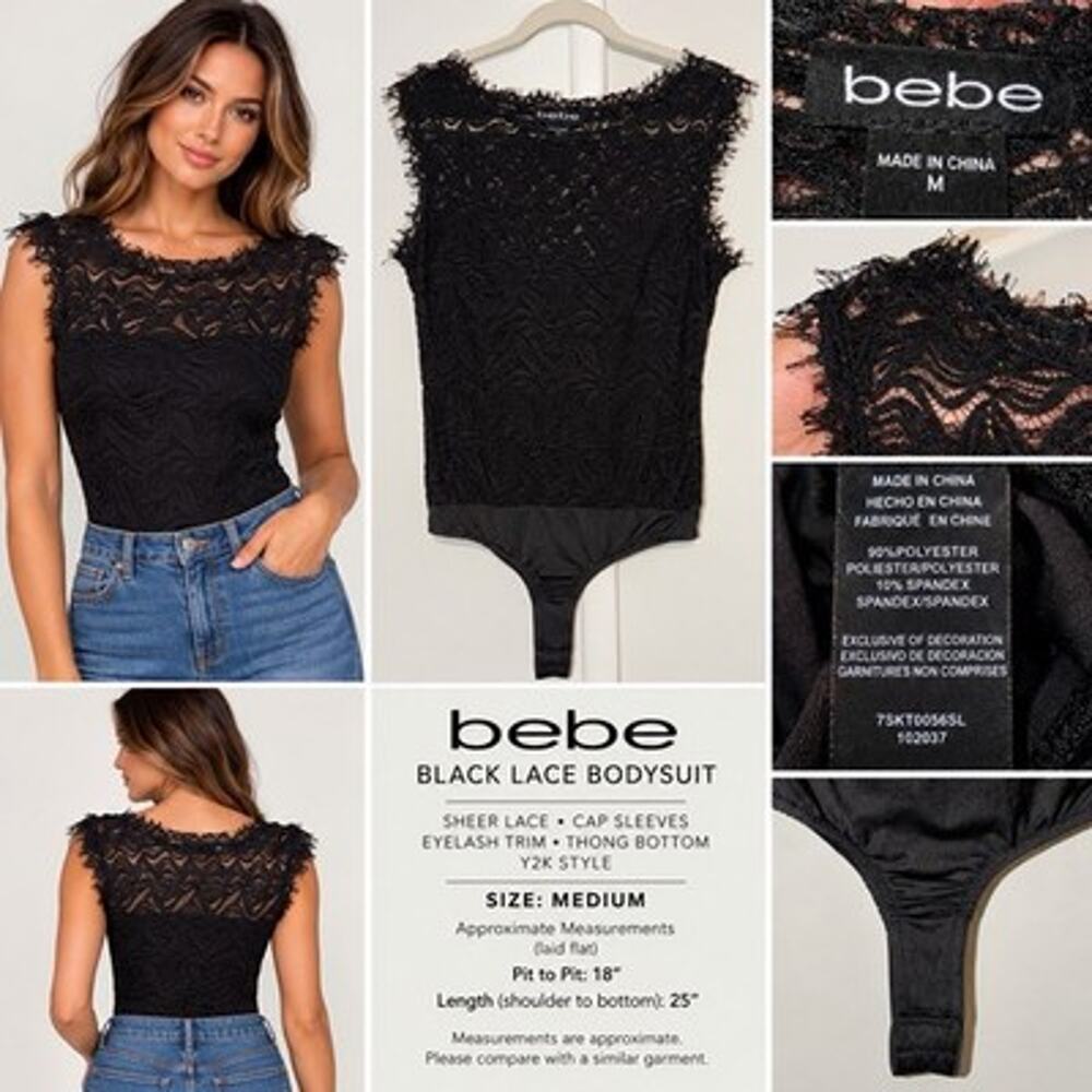 Bebe Black Lace Bodysuit Size M NWOT Sheer Eyelash Trim Cap Sleeve Y2K Sexy Top